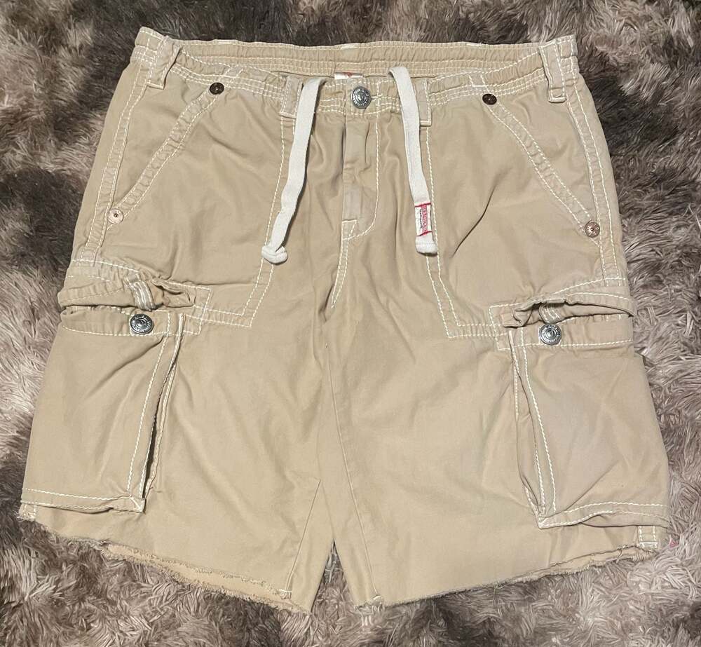 Baggy True Religion Brand Tan Twill Cargo Shorts